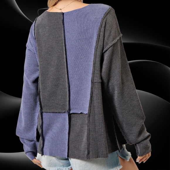 EASEL "Block Star" Rib Knit Color Block Out-Seam & Raw Details Tunic Length Top - Picture 11 of 12